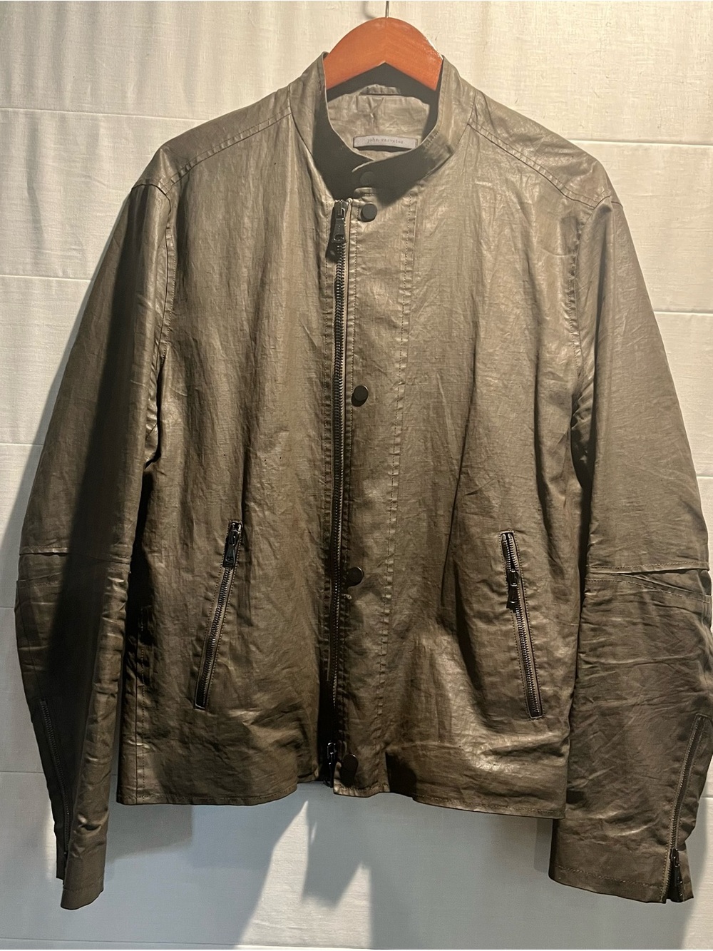 John Varvatos Olive Green Linen Bomber Jacket